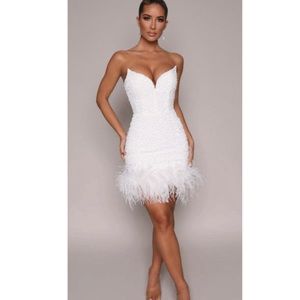 Women’s White Strapless Sequin Mini Dress with Feathers , Size 4